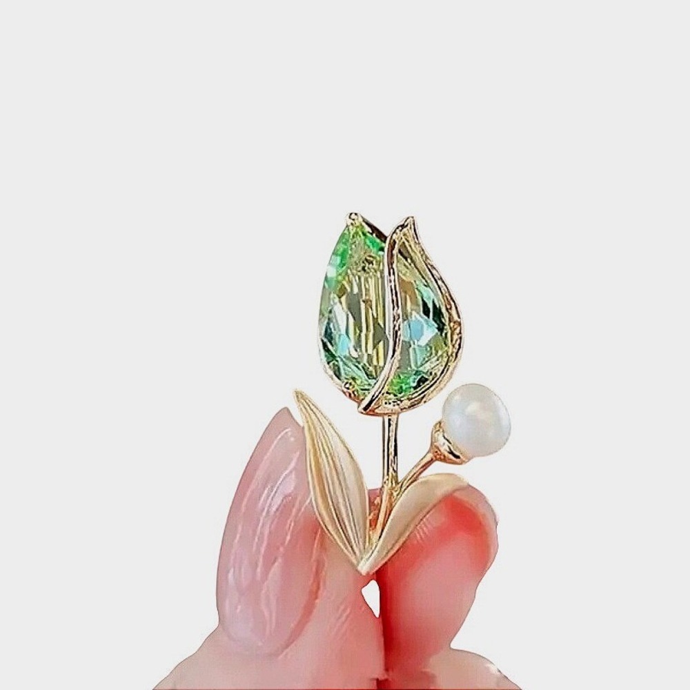 Green Crystal Tulip Flower Brooch‎ Gold Tone Pearl Accent Floral Pin